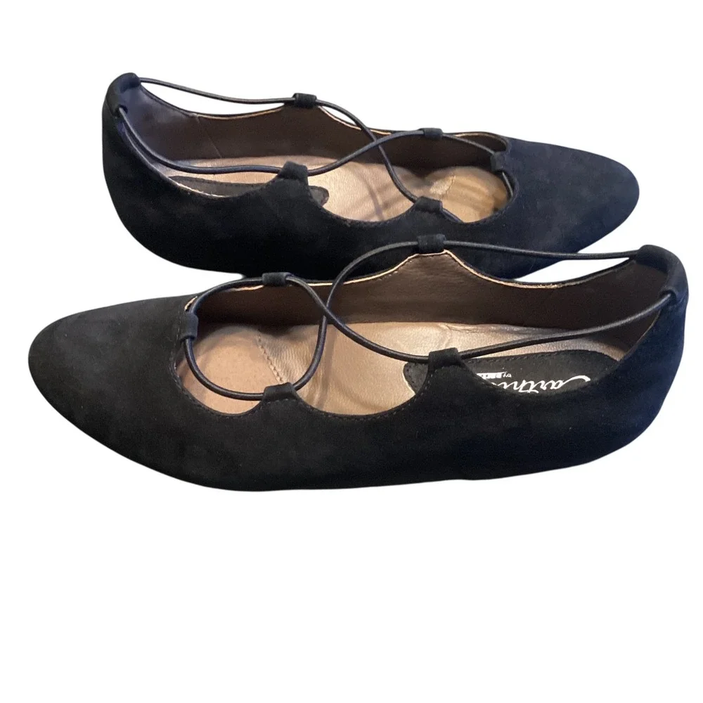 Earthies by Earth Essen Black Suede Lace Up Ballet Flats Pointed Toe Women 8 EUC